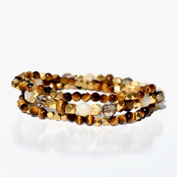 18k Vermeil Set Of Three Tiger Eye and Mother Of Pearl Stretch Bracelet - Picture 1 of 4